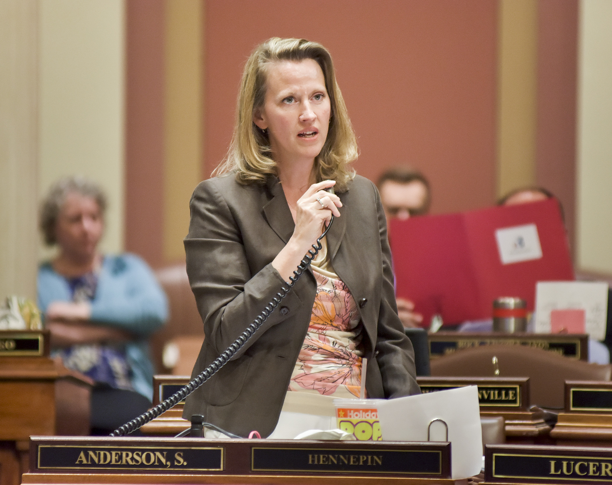 Rep. Sarah Anderson presents the omnibus state government finance bill on the House Floor May 25. Photo by Andrew VonBank